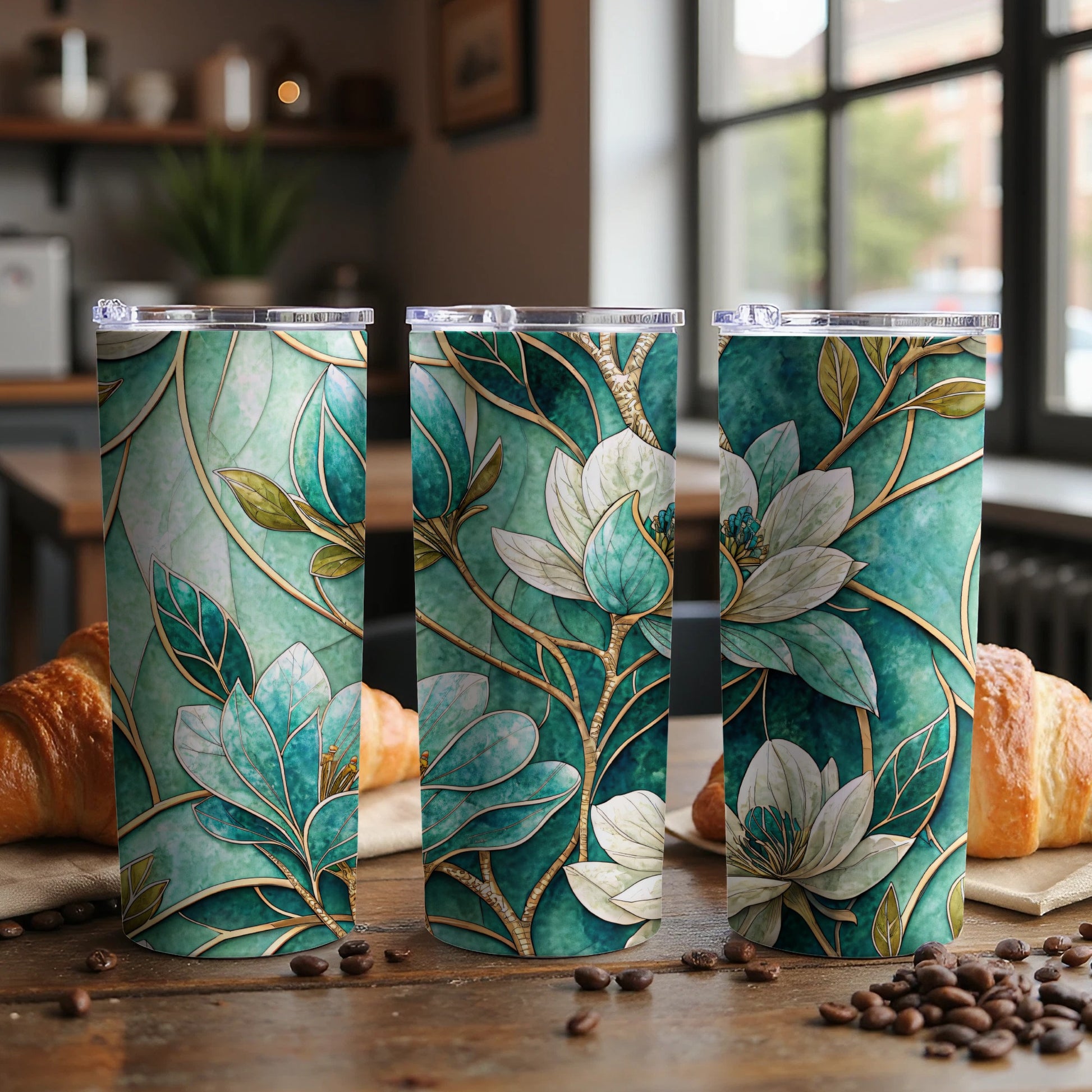 Teal Stained Glass Floral Art Design on 20 oz Skinny Tumbler - Walk Greener