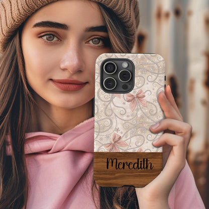 Custom Name Phone Case with Pink Bows and Swirls Design