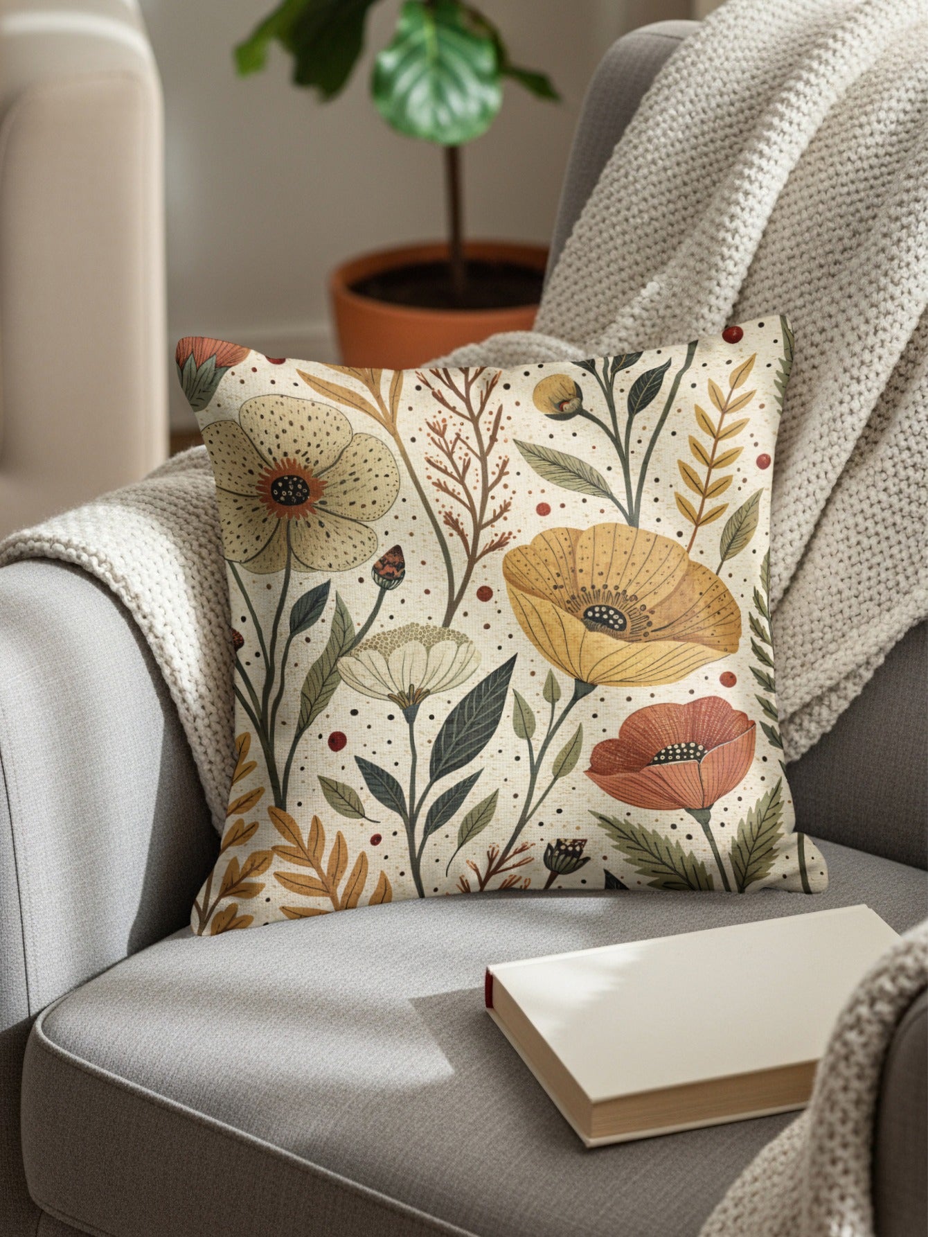 Neutral Floral Pattern Artwork Design Style Throw Pillows - Walk Greener