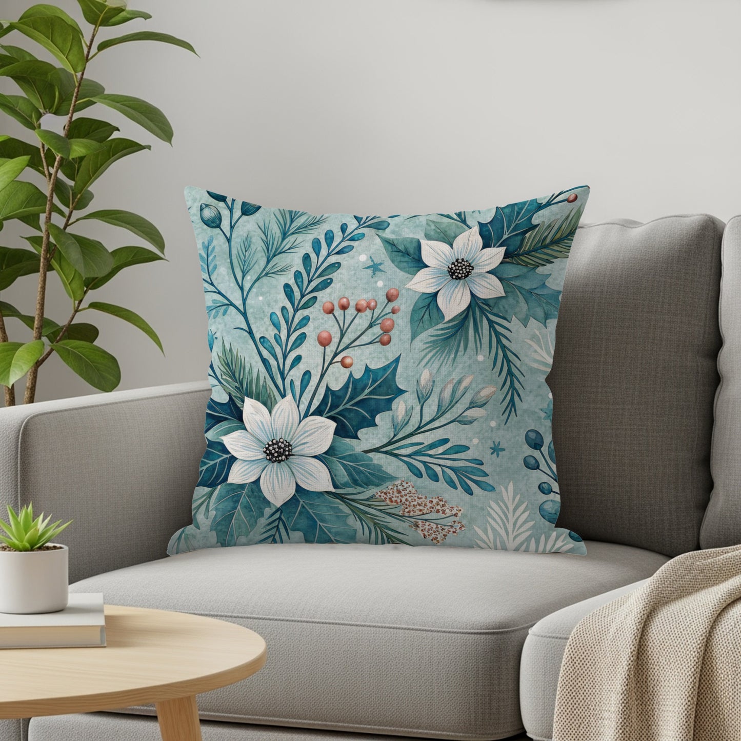 Elegant Winter Floral Accent Pillow for Home Decor
