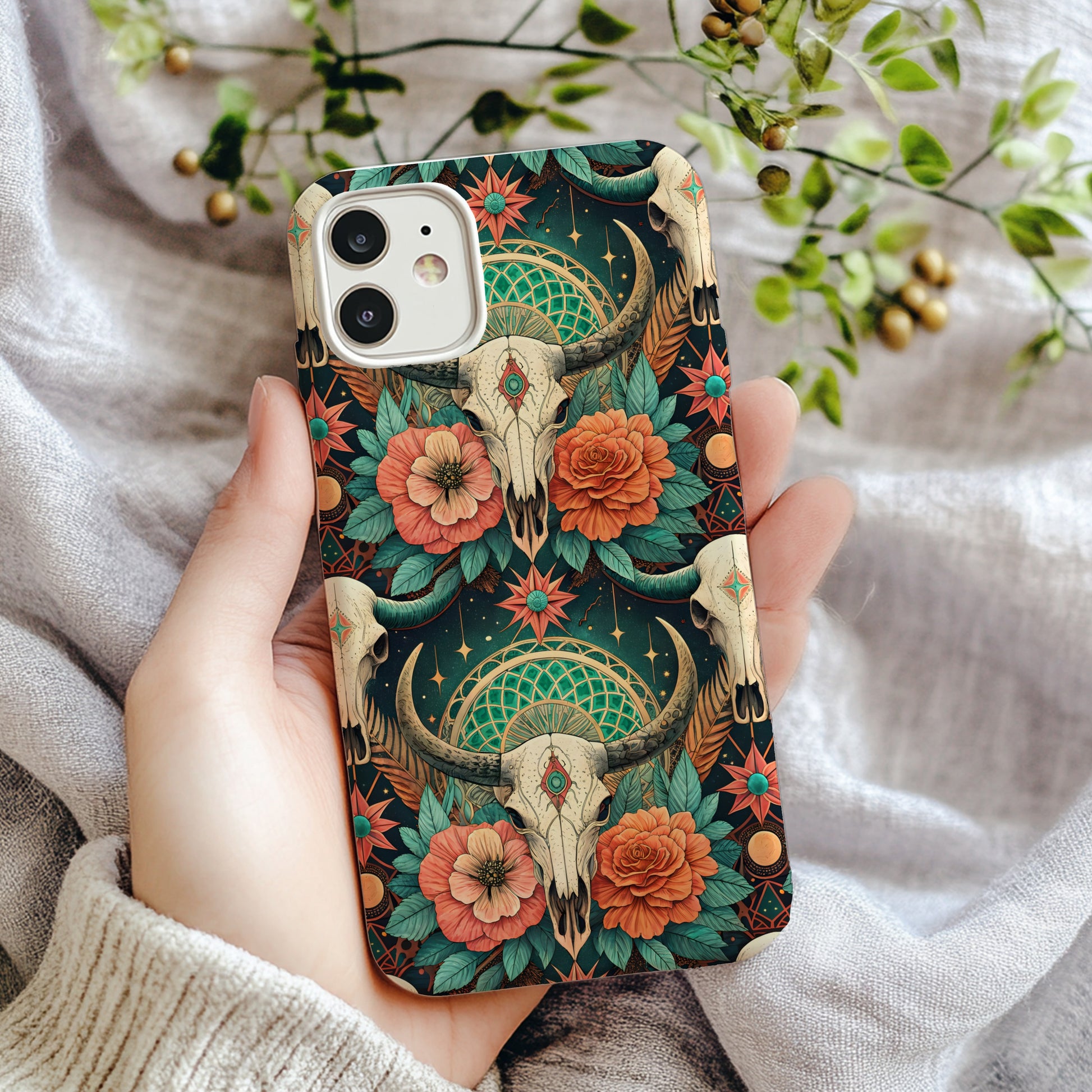 Boho Skull Floral Pattern With Custom Name Initial Phone Case - Walk Greener