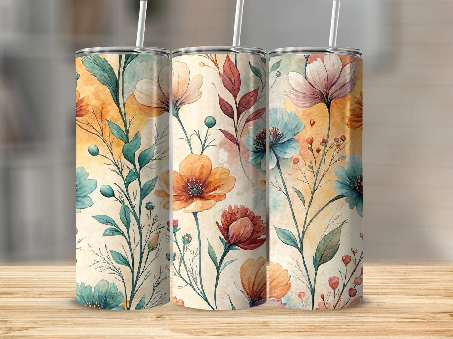 Watercolor Floral Pattern Botanical 20 oz Skinny Tumbler - Walk Greener