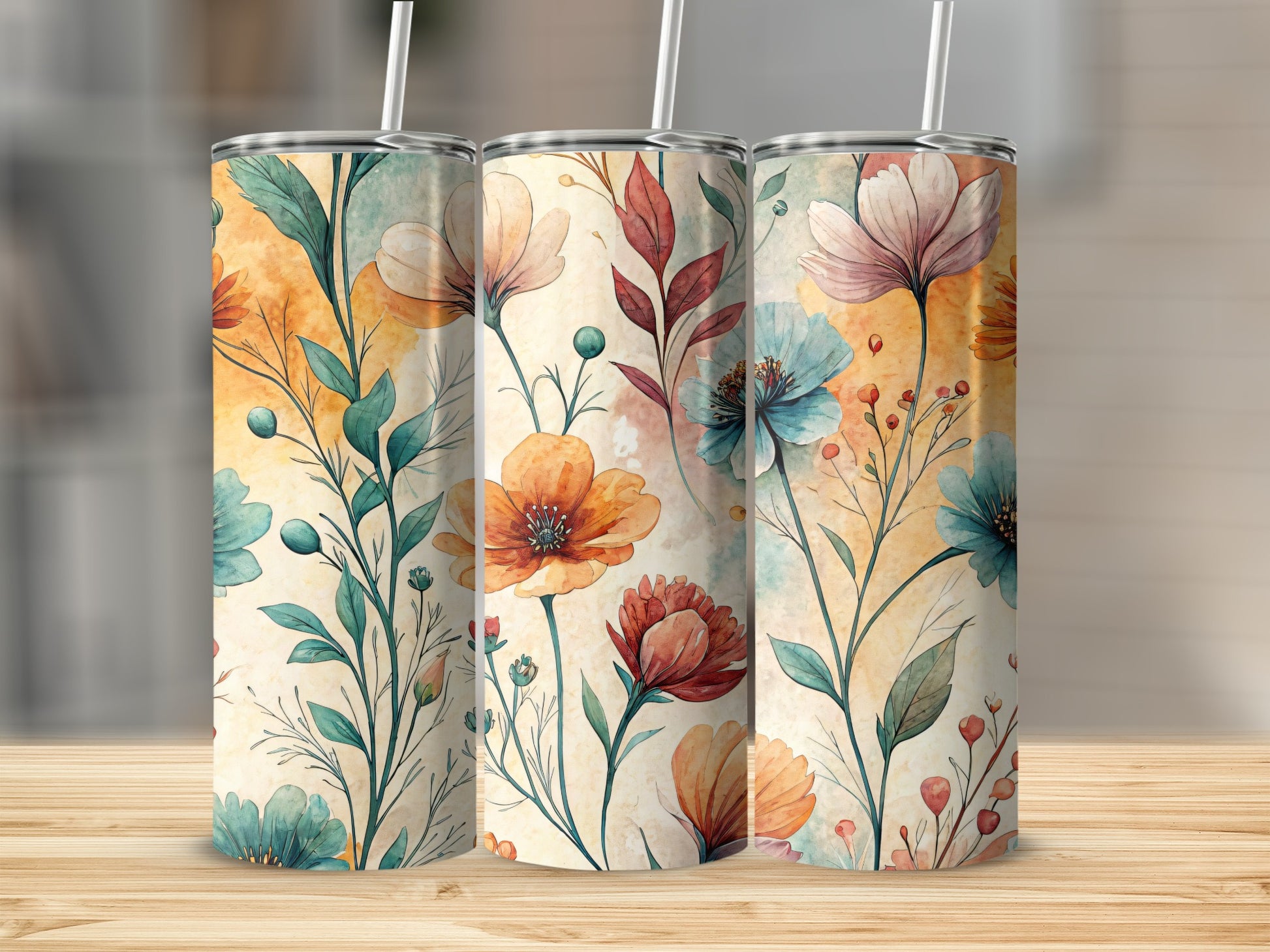 Watercolor Floral Pattern Botanical 20 oz Skinny Tumbler - Walk Greener