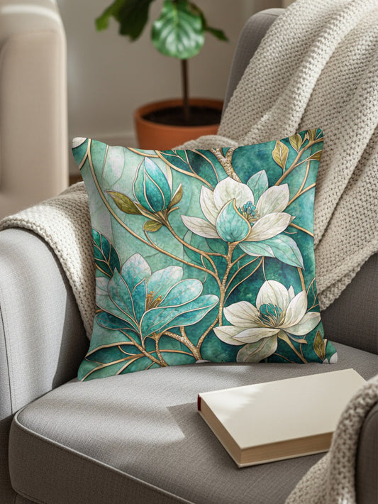 Elegant Floral Mosaic Design on Emerald Green Throw Pillows - Walk Greener