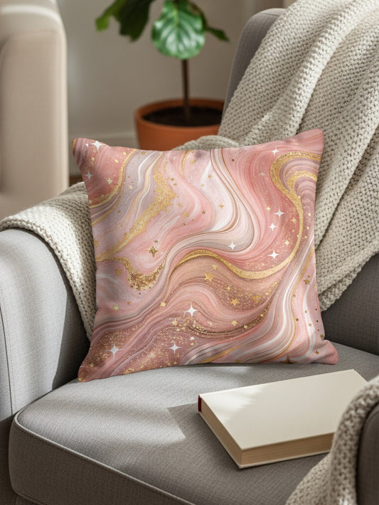 Elegant Marble Inspired Pink and Gold Decorative Pillow