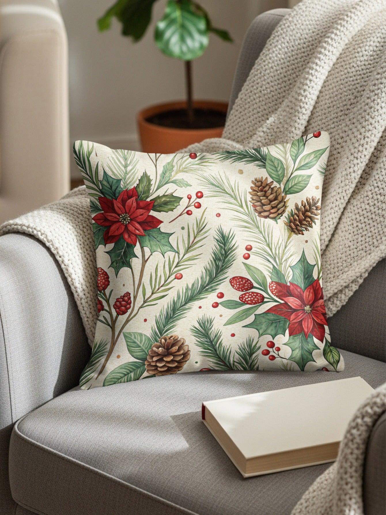 Festive Christmas Poinsettia Throw Pillow Holiday Decor