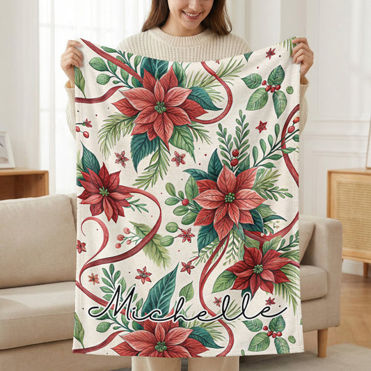 Festive Poinsettia Design Blanket with Michelle Name