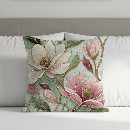 Floral Magnolias On Green Background Pattern Throw Pillows - Walk Greener