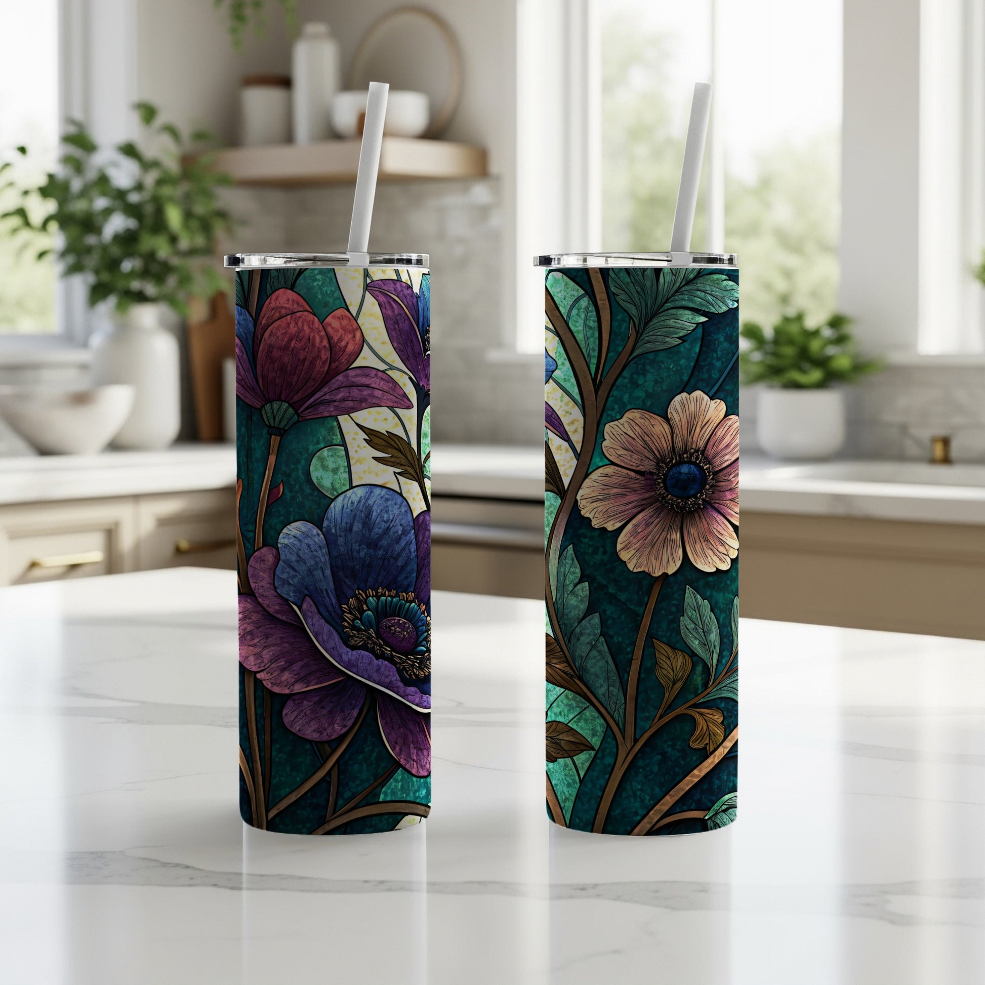 Stained Glass Inspired Floral Arrangement Art Deco 20 oz Skinny Tumbler - Walk Greener