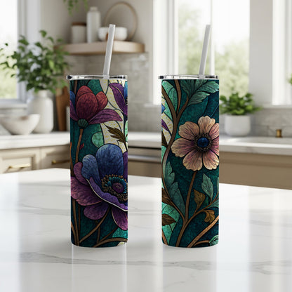 Stained Glass Inspired Floral Arrangement Art Deco 20 oz Skinny Tumbler - Walk Greener