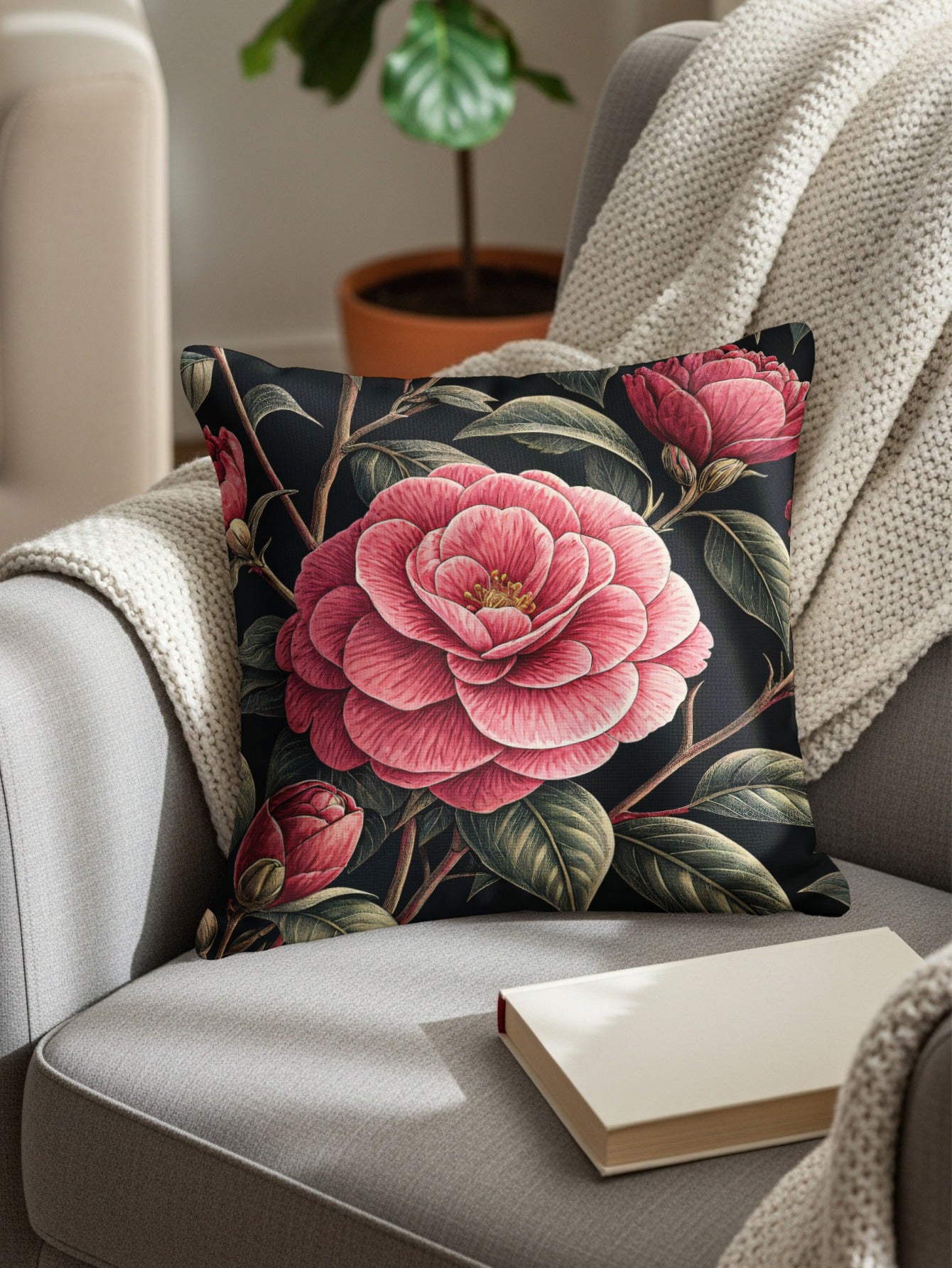 Decorative Throw Pillow with Red Flower Design