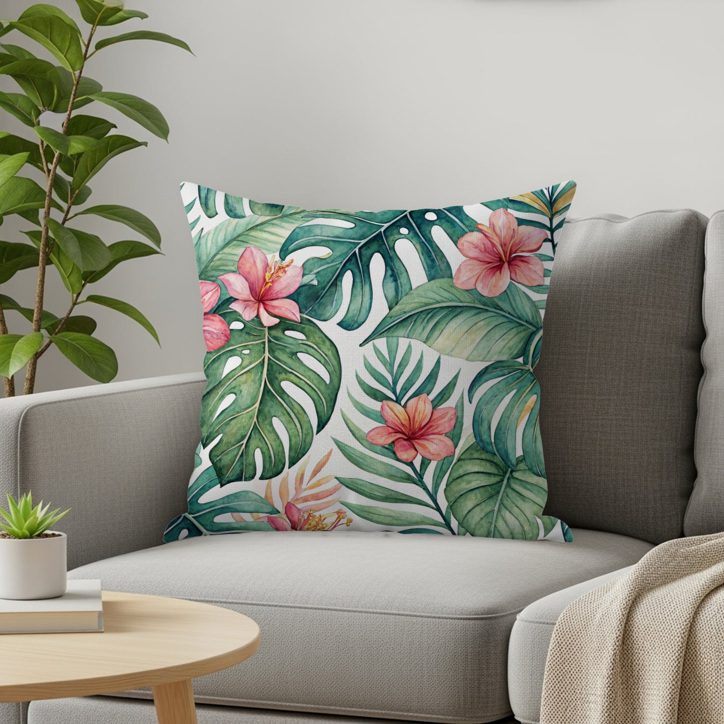 Tropical Paradise Green Leaves with Pink Flowers Pillows & Pillow Cases - Walk Greener