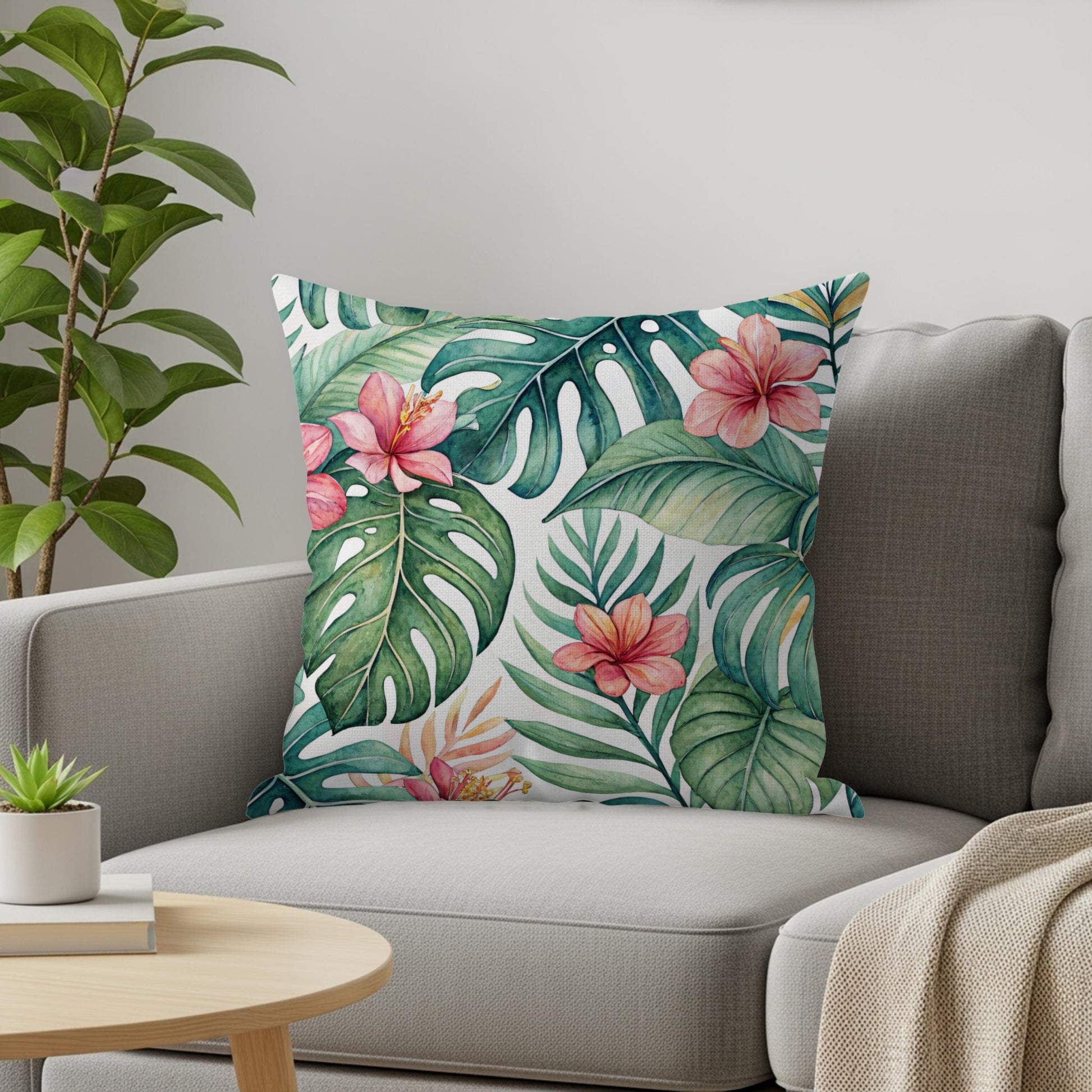 Tropical Paradise Green Leaves with Pink Flowers Pillows & Pillow Cases - Walk Greener