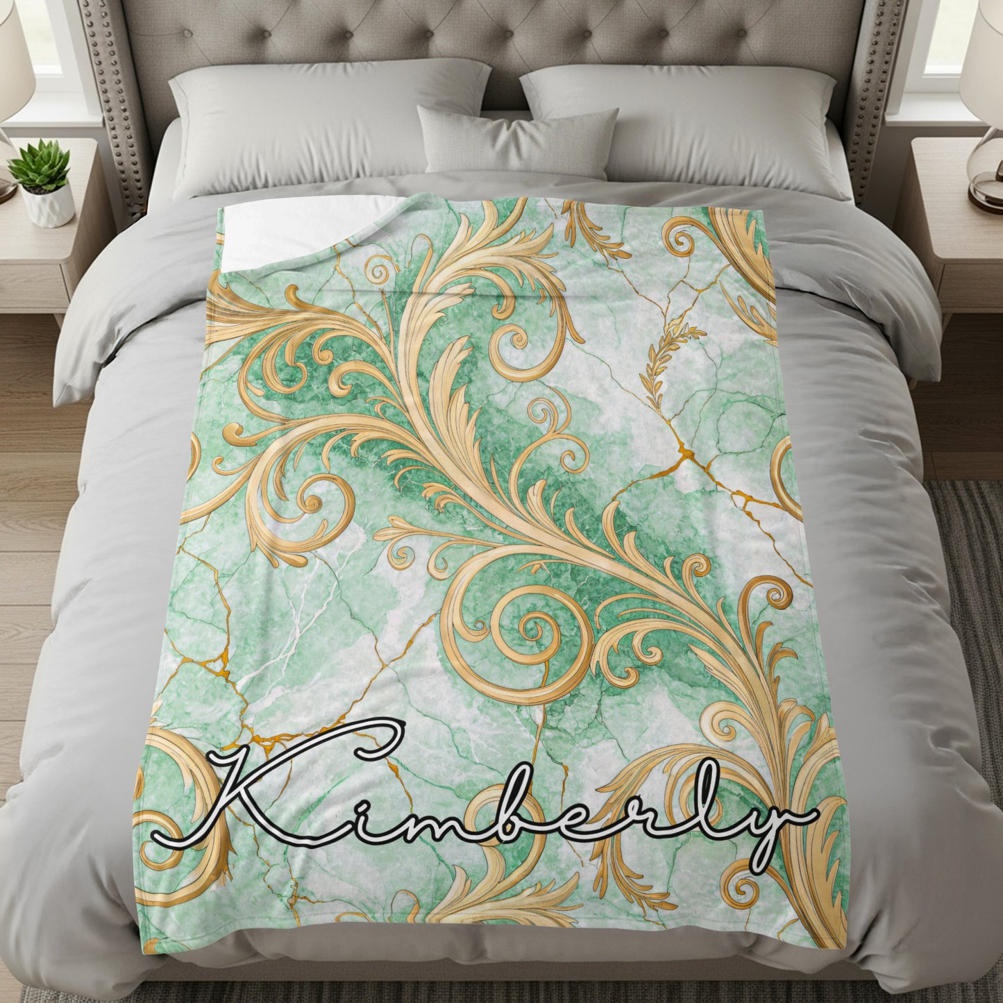Kimberly Green Marble with Gold Floral Design Blanket
