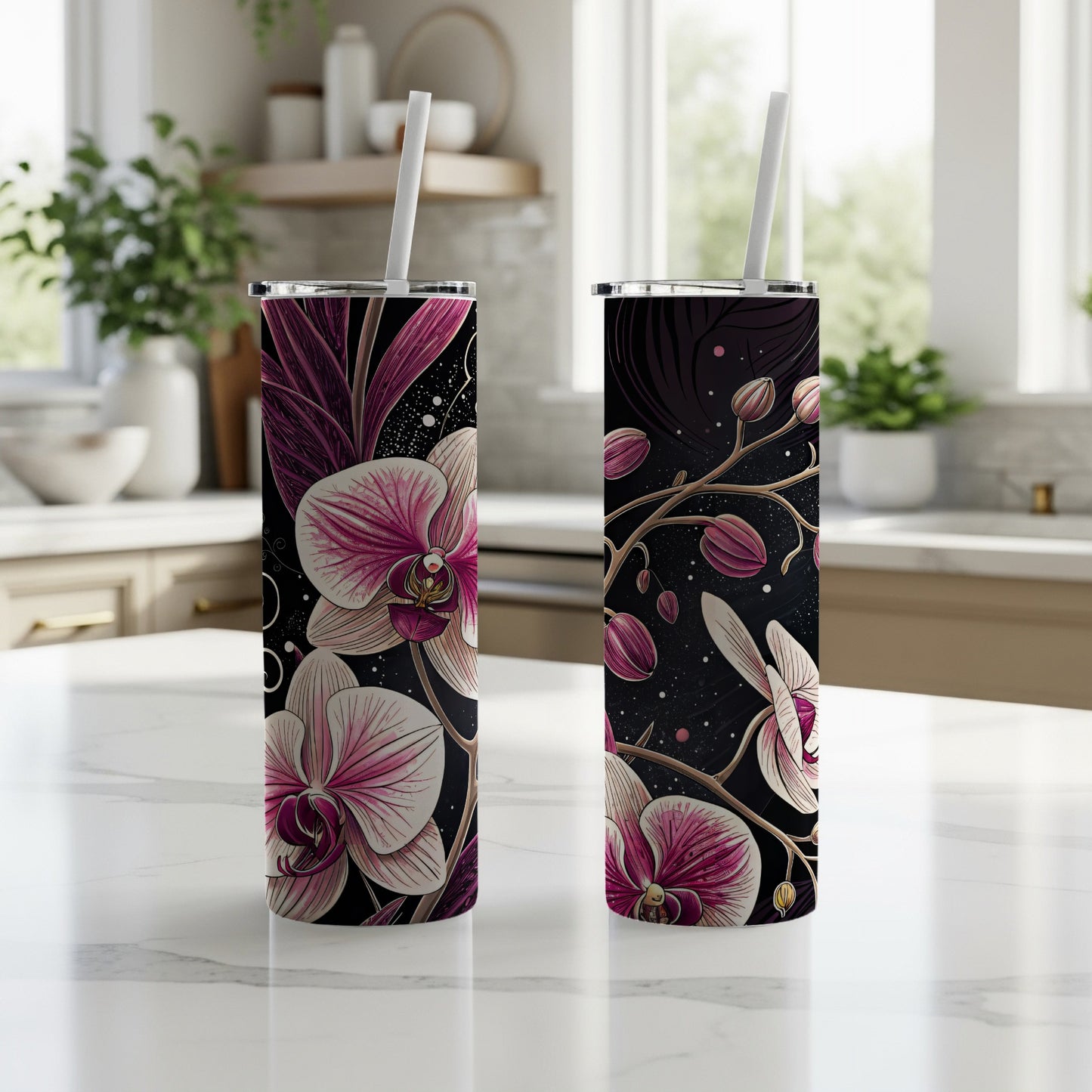 Pink Orchids On Black With Swirls Floral Art Tumblers - Walk Greener
