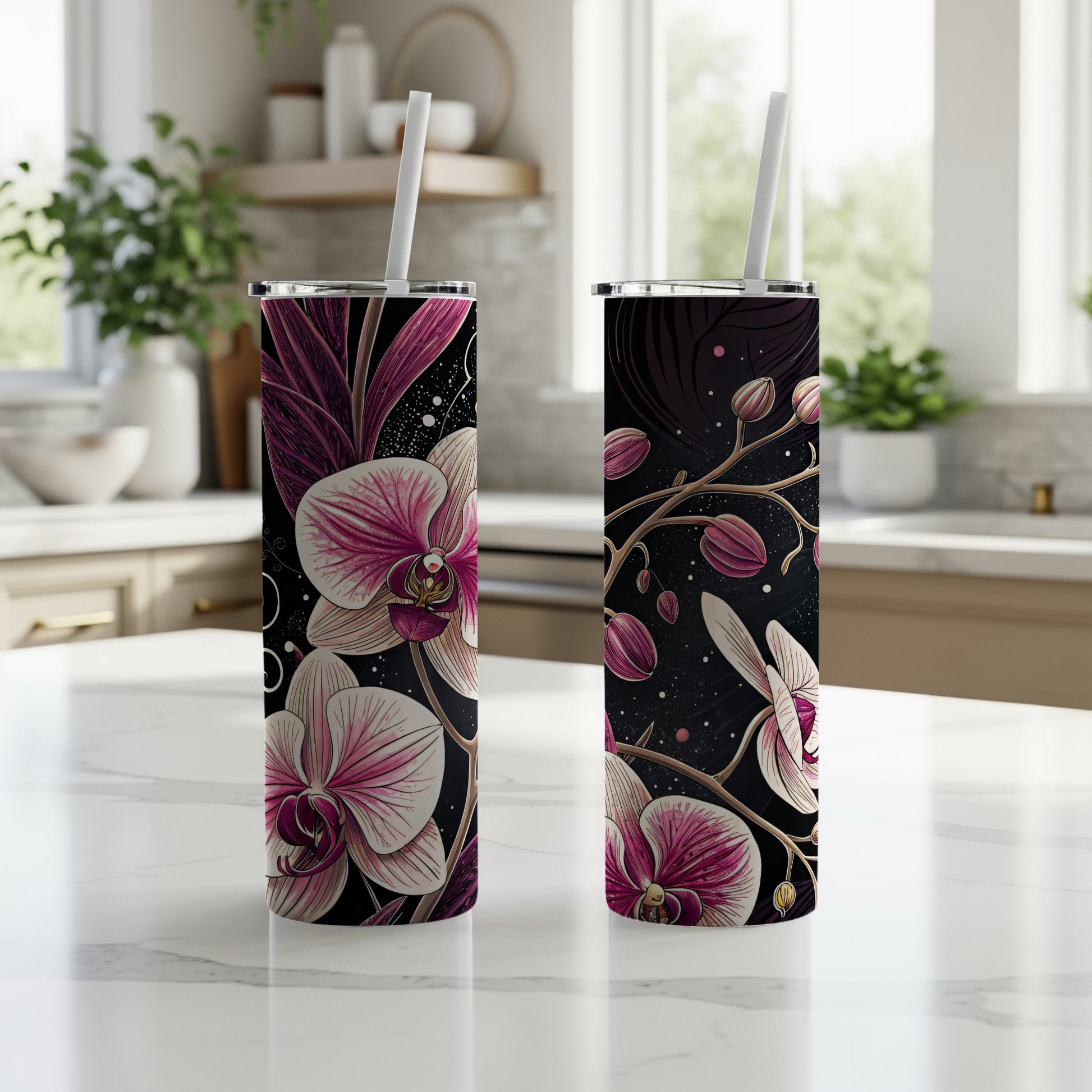 Pink Orchids On Black With Swirls Floral Art Tumblers - Walk Greener