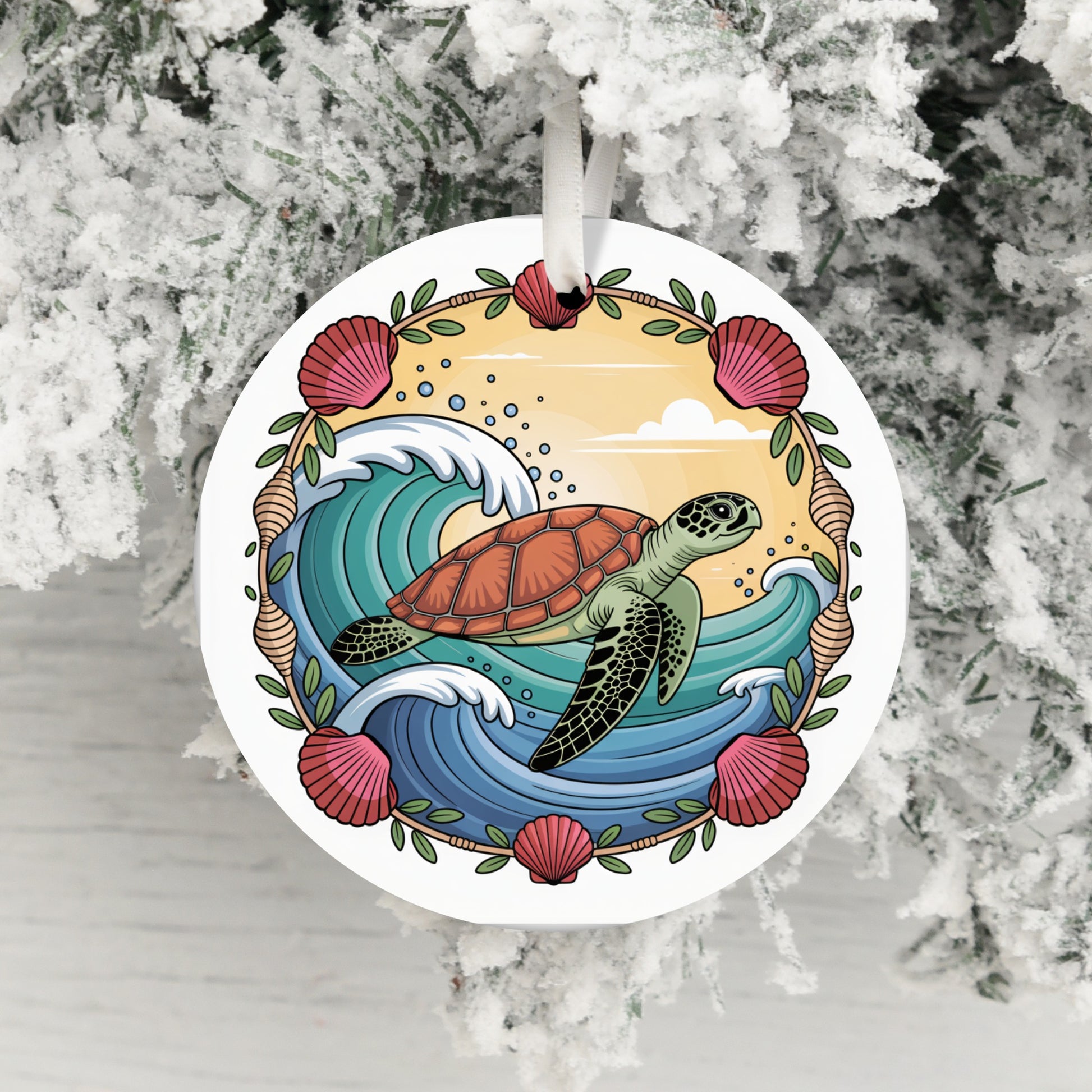 Sea Turtle with Waves and Shells Ornament product