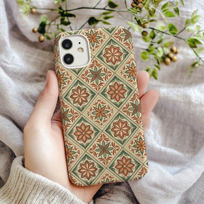 Floral Tile Pattern Orange And Green Flowers With Custom Phone Case - Walk Greener