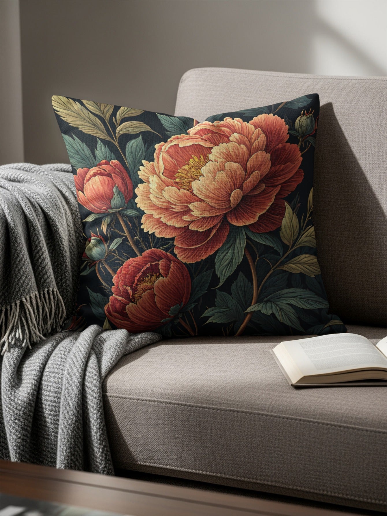 Botanical Peony Garden Print in Coral and Teal Decorative Floral Throw Pillows - Walk Greener