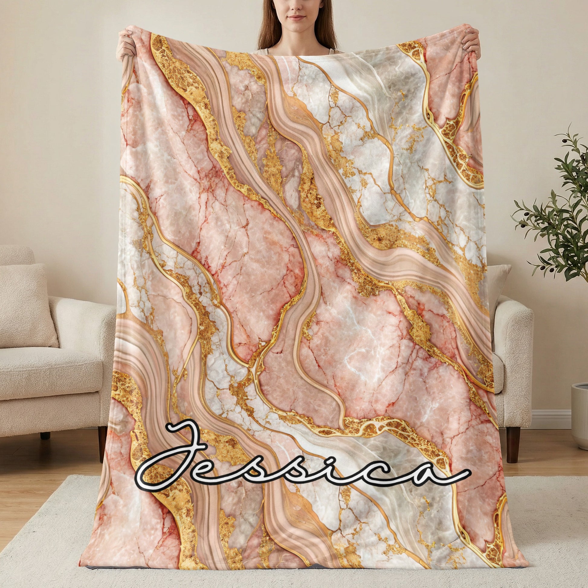 Personalized Marble and Gold Pattern Blanket with Name Jessica