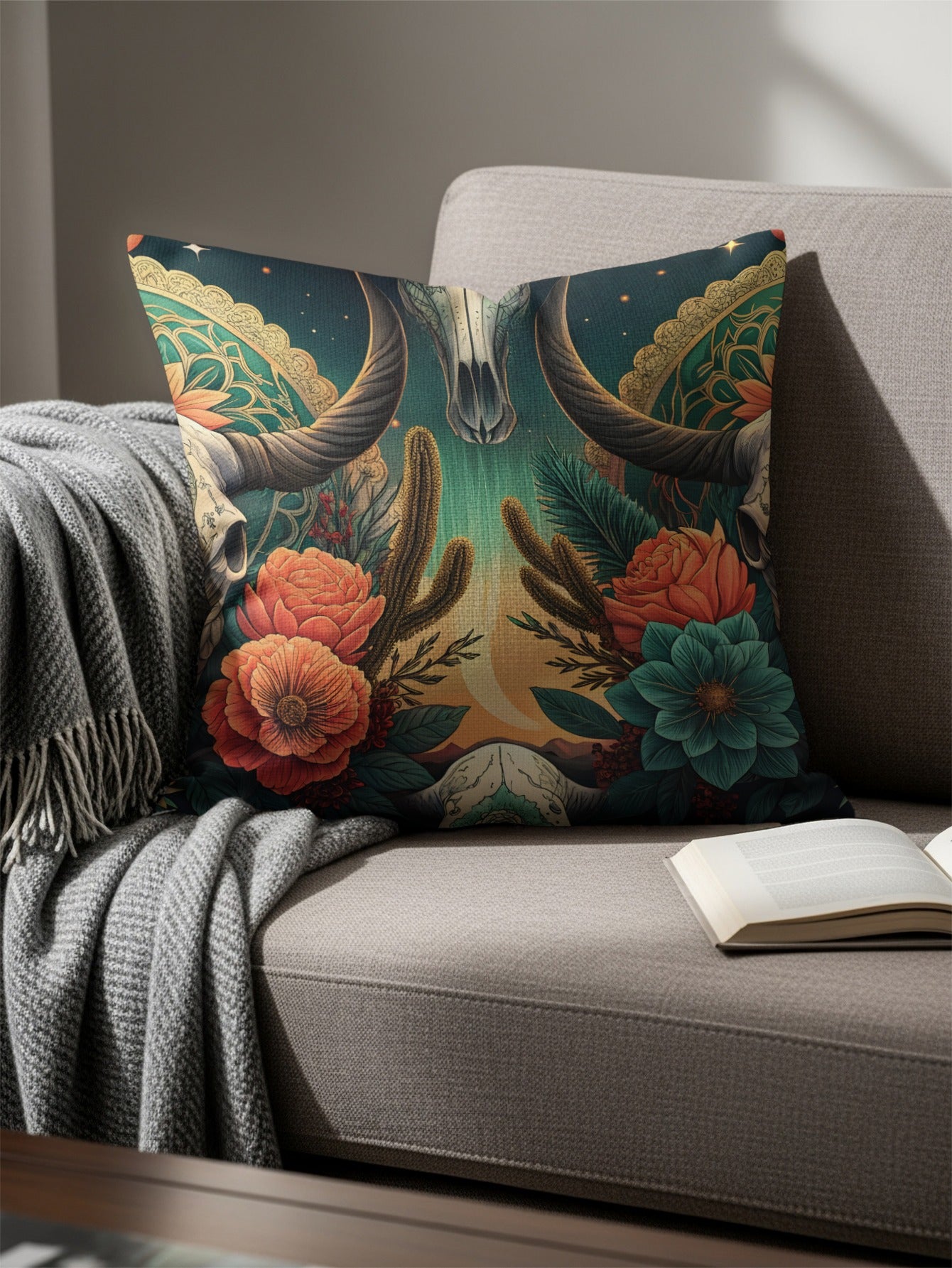 Vibrant Western Skull and Floral Cushion Pillow Decor