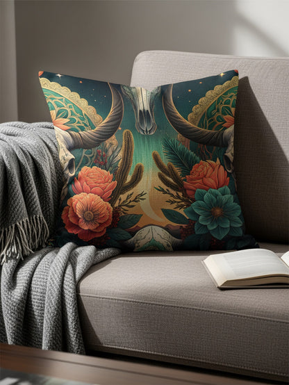 Vibrant Western Skull and Floral Cushion Pillow Decor