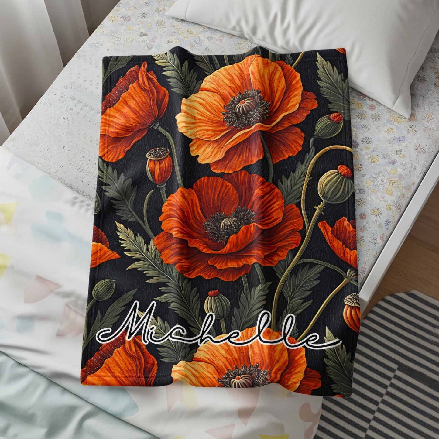 Personalized Floral Orange Poppy Design Blanket