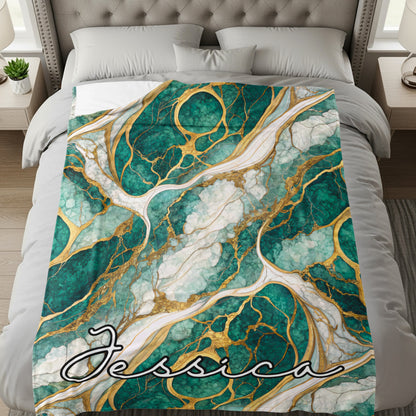 Teal Marble Design with Golden Veins Custom Name Blanket - Walk Greener