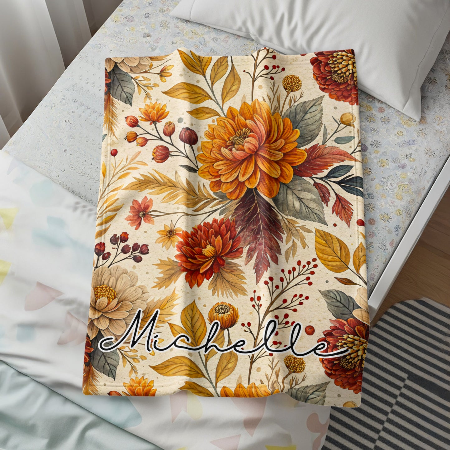 Personalized Autumn Floral Blanket with Custom Name