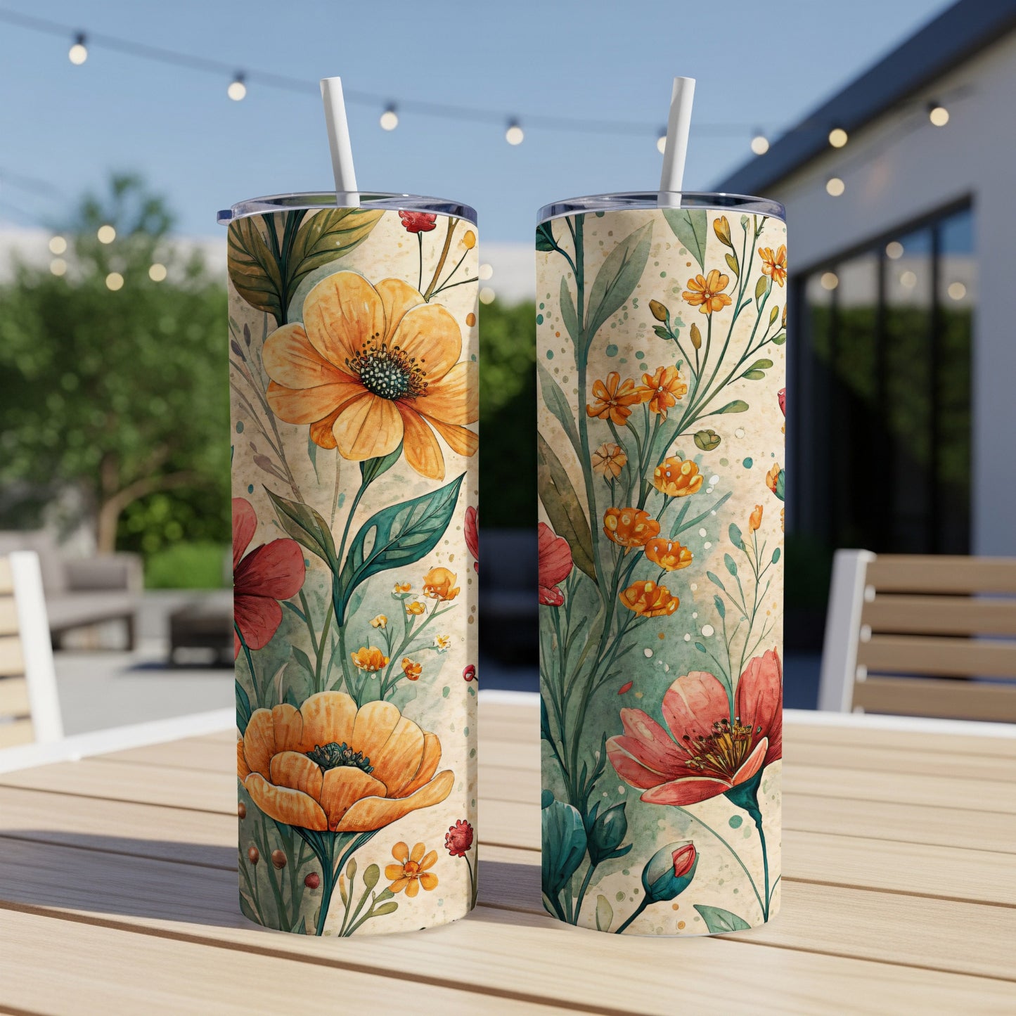 Watercolor Flower Bouquet Botanical Illustration for 20 oz Skinny Tumbler - Walk Greener