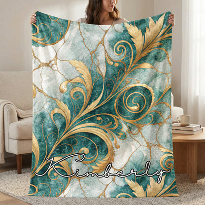 Golden Floral on Blue Custom Name Style Blanket - Walk Greener