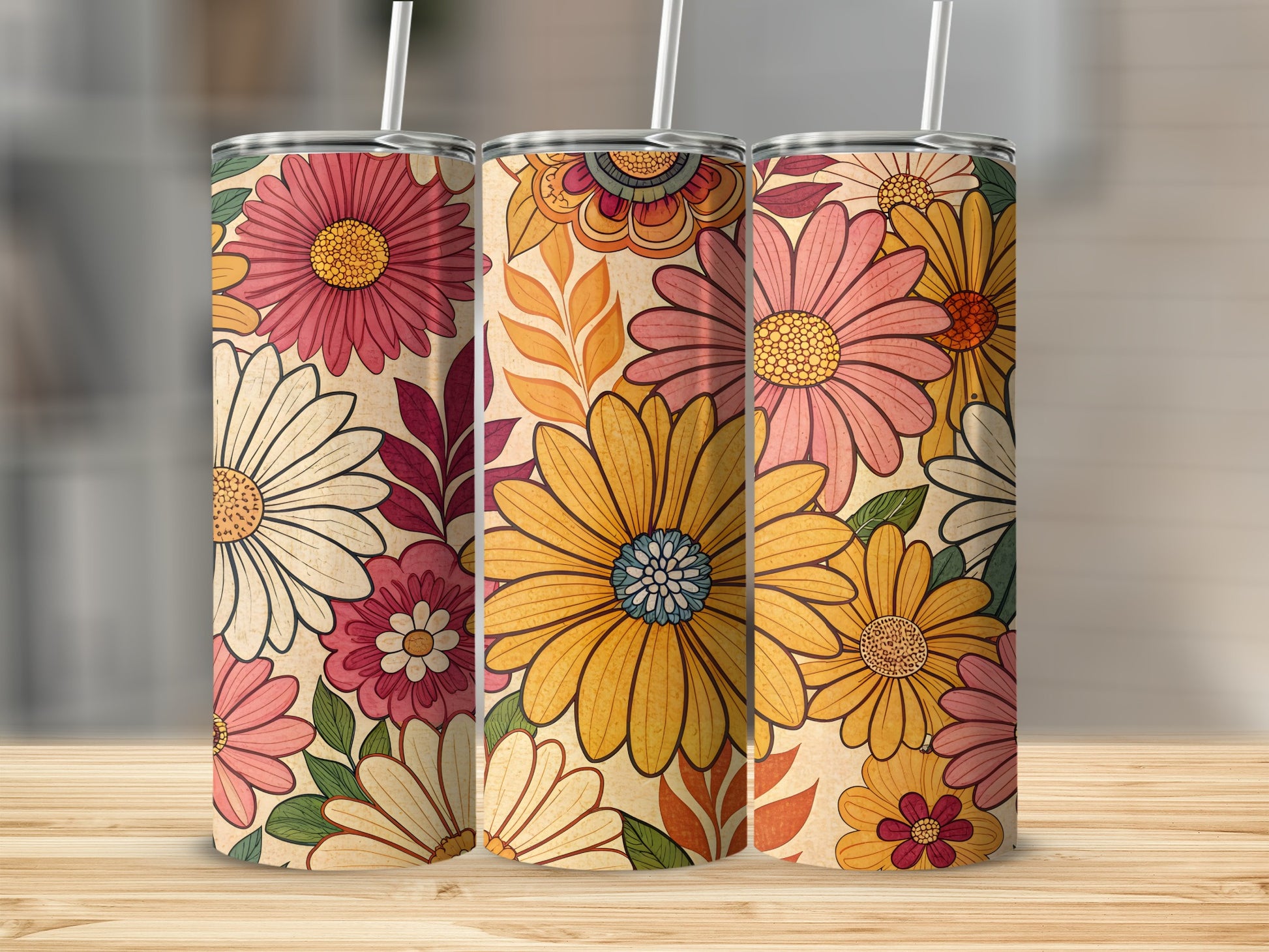 Colorful Floral Pattern with Daisy Design Tumbler