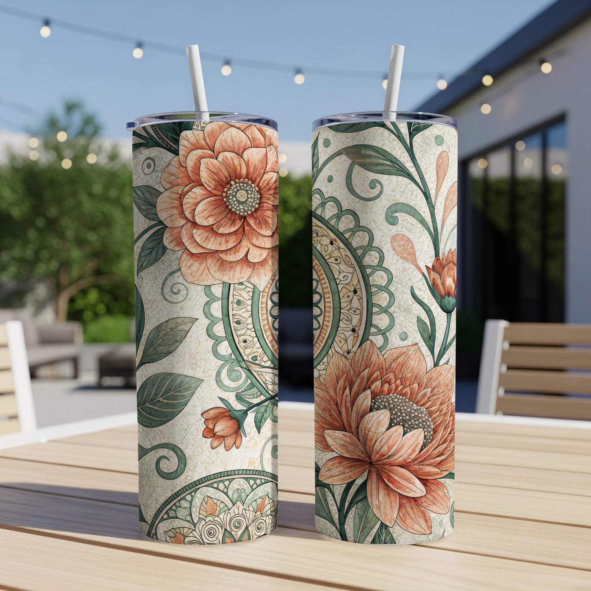 Floral Mandala Watercolor Design 20 oz Skinny Tumbler - Walk Greener