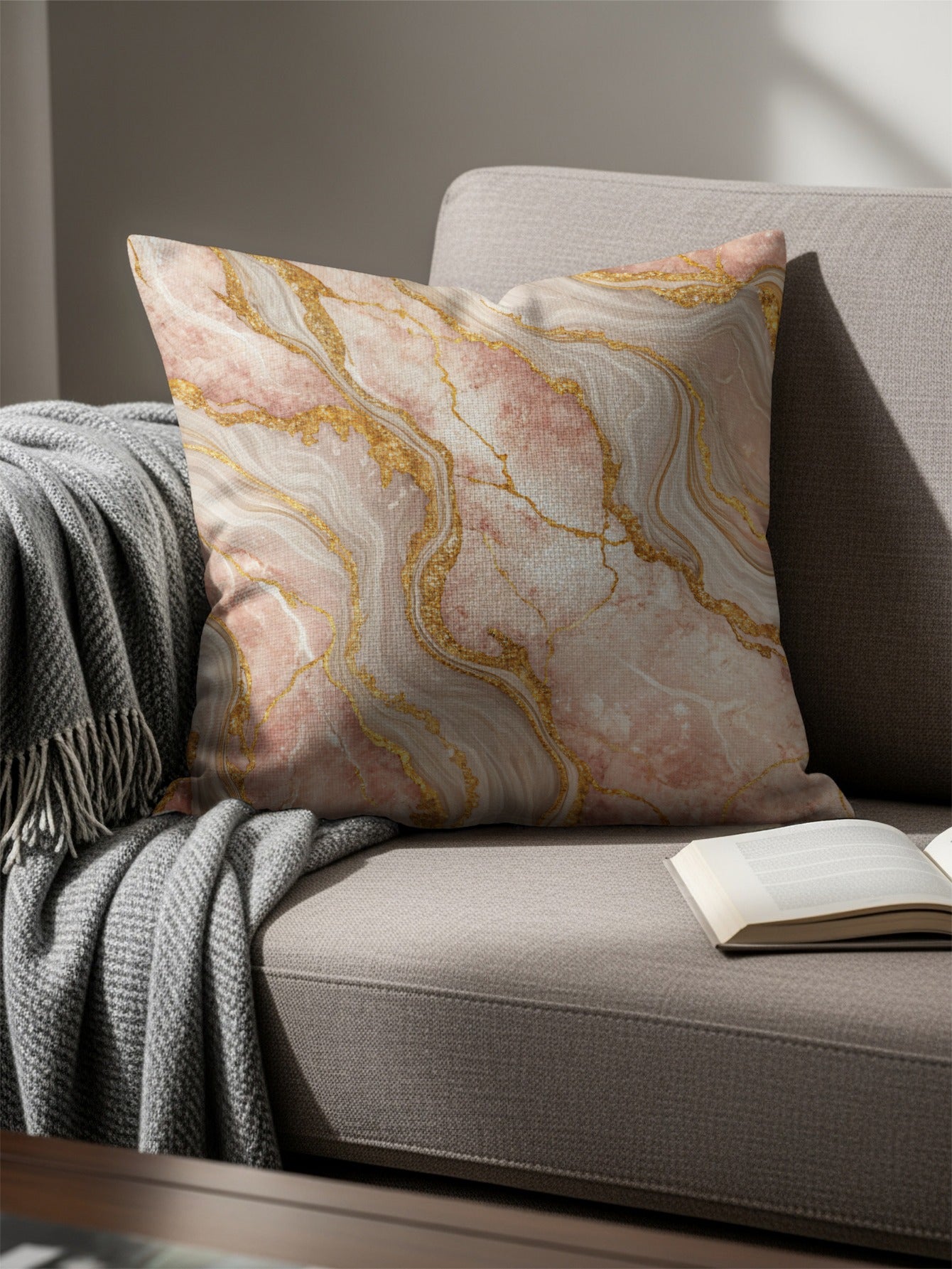 Rose Quartz with Golden Veins Abstract Decorative Floral Throw Pillows - Walk Greener
