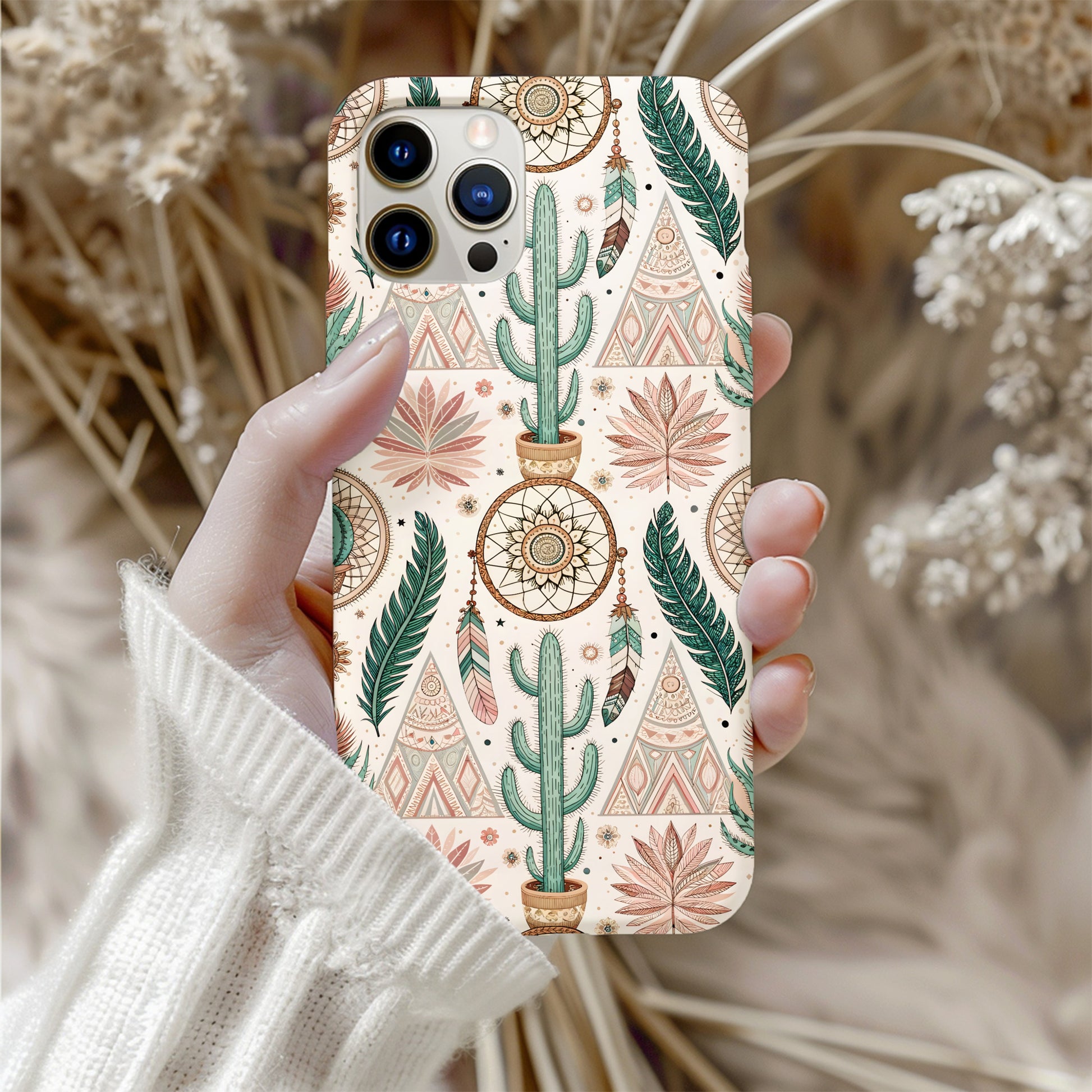 Bohemian cactus and feathers art phone case