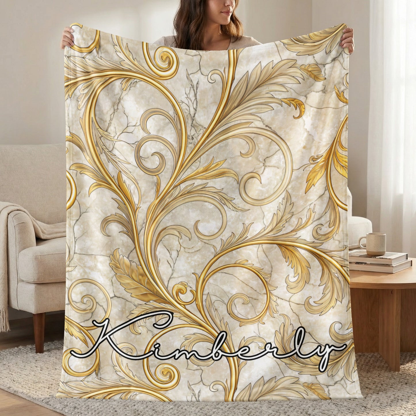 Golden Floral Design With A Custom Name Blankets - Walk Greener