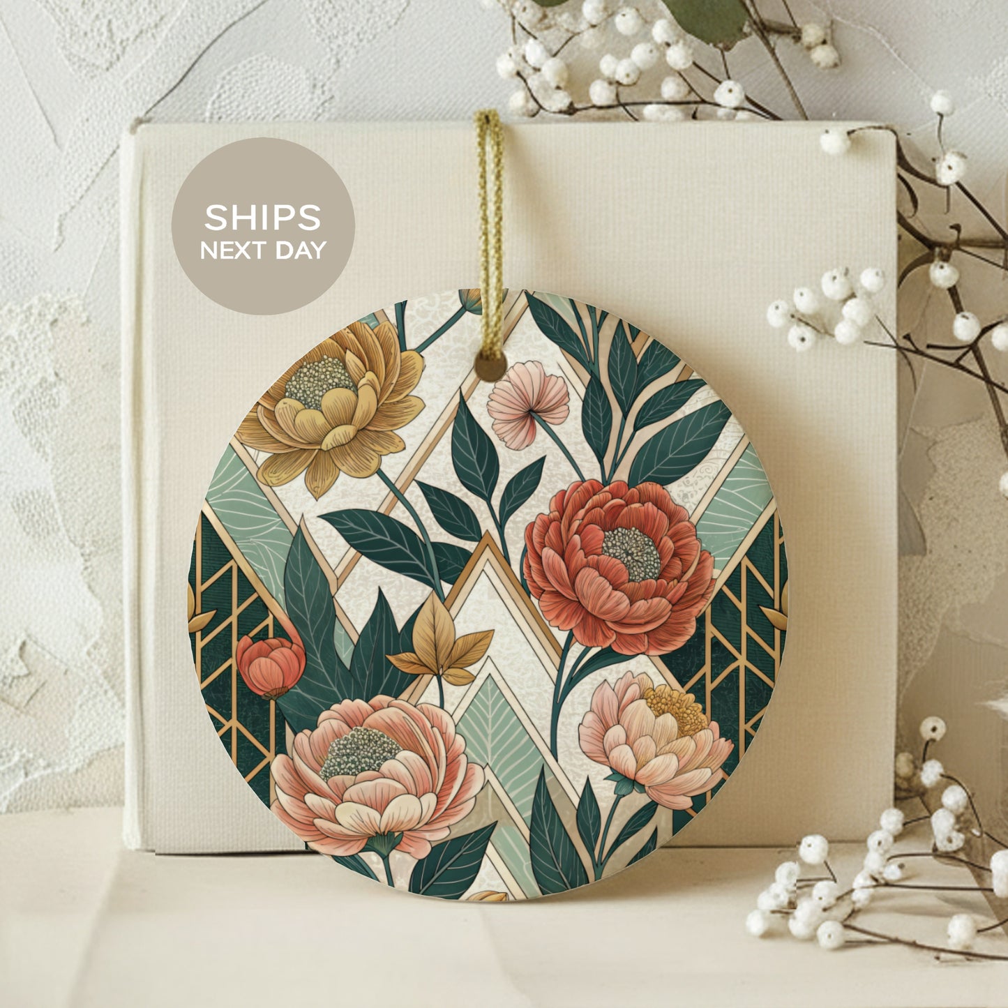 Geometric Floral Design Round Hanging Decorative Ornament