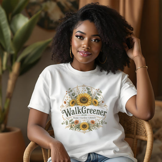 White t-shirt with sunflowers and "WalkGreener Home Garden Lifestyle" text.