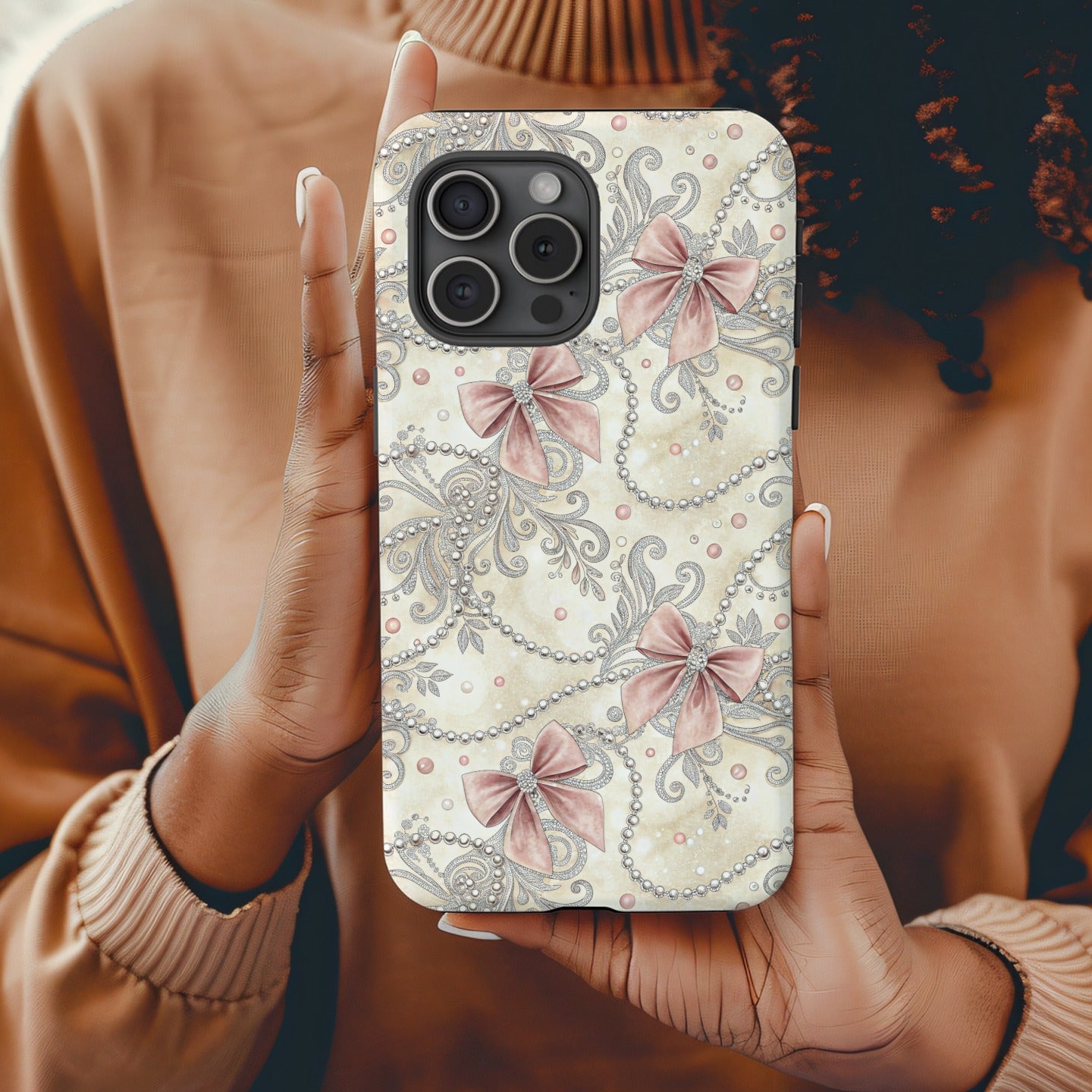 Elegant Pink Bows and Pearls Design Phone Case