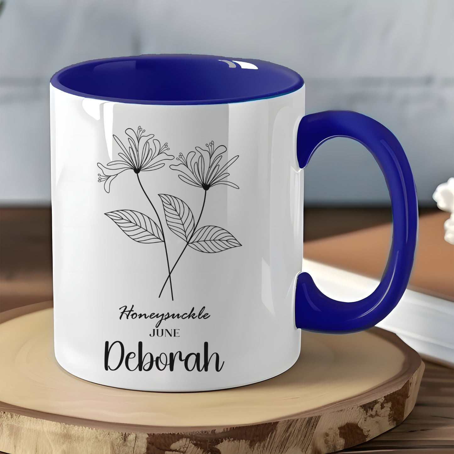 Honeysuckle June Deborah White and Blue Mug