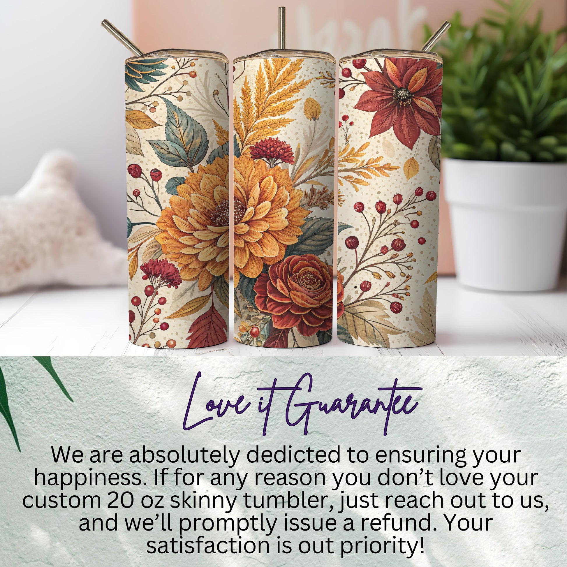 Custom 20 oz Skinny Tumbler with Floral Design
