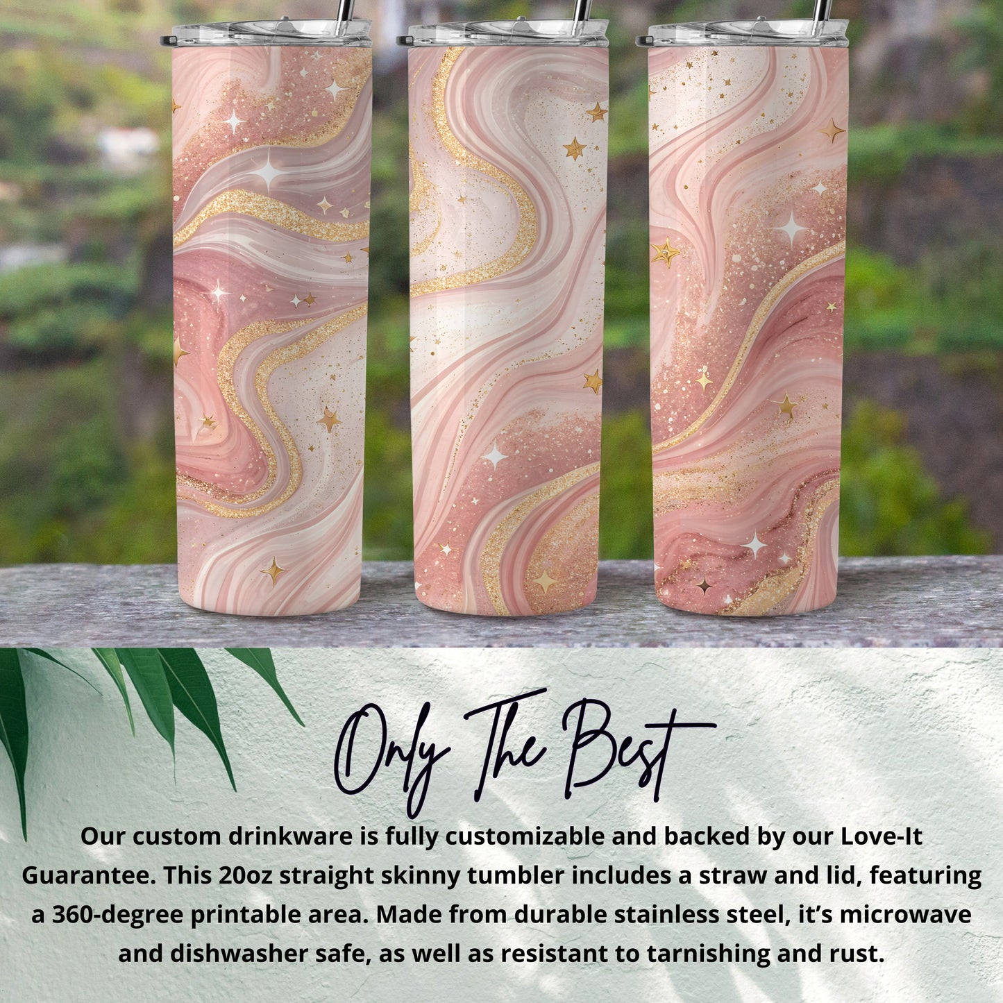 Pink Marble and Gold Stars Skinny Tumbler 20oz