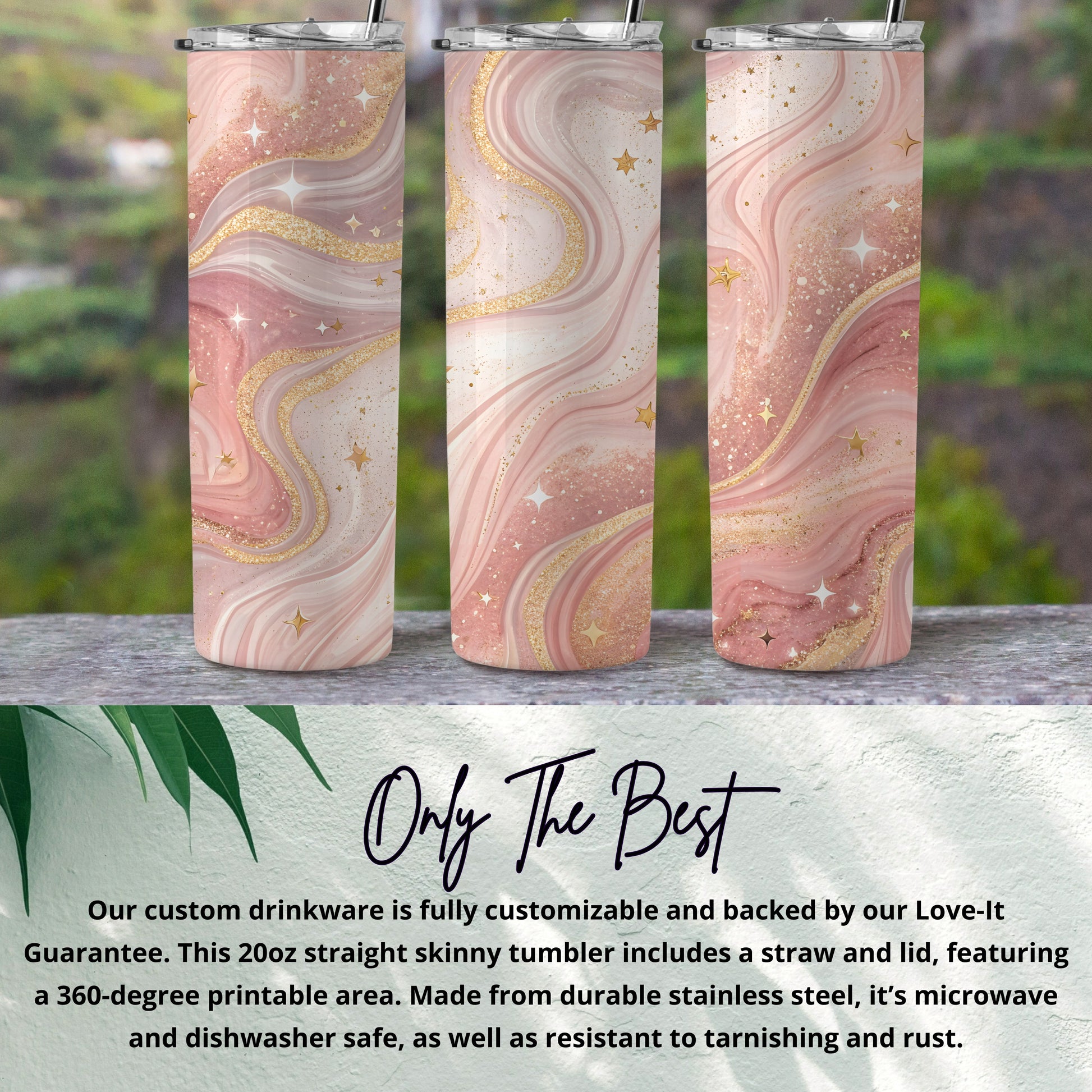 Pink Marble and Gold Stars Skinny Tumbler 20oz