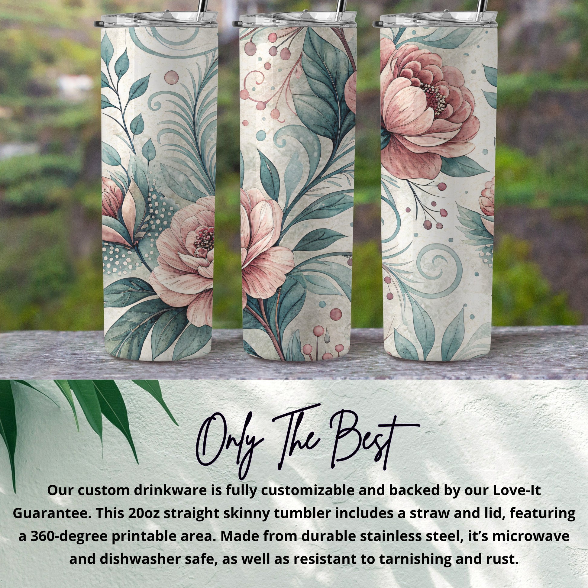 Watercolor Floral Elegant Roses and Leaves Design 20 oz Skinny Tumbler - Walk Greener