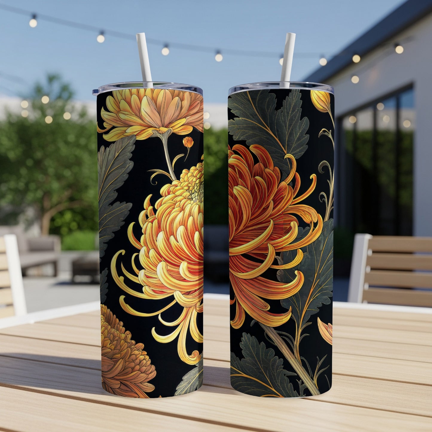 Yellow Orange Chrysanthemum Floral Artwork on Black Tumblers - Walk Greener