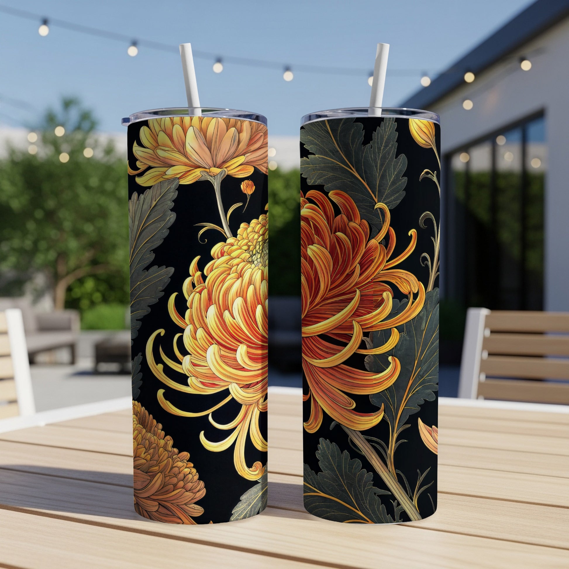 Yellow Orange Chrysanthemum Floral Artwork on Black Tumblers - Walk Greener
