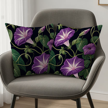 Detailed Purple Morning Glory Vine with Green Leaves Decorative Floral Throw Pillows - Walk Greener
