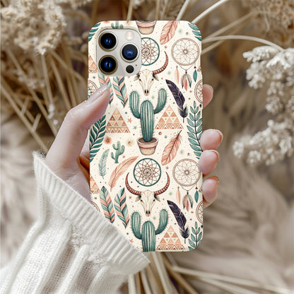 Bohemian cactus, feather, and dreamcatcher print phone case product photo on a plain background
