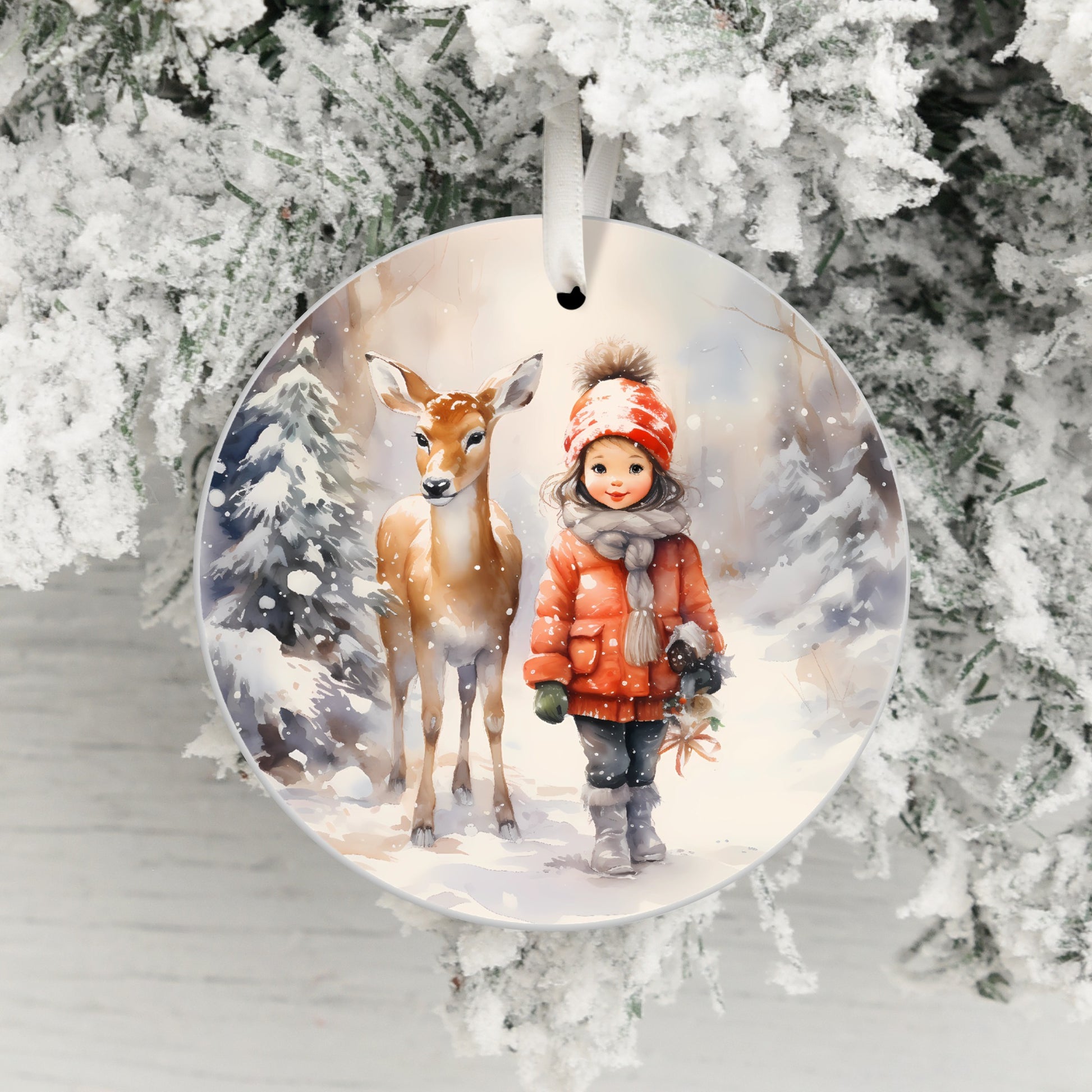Snowy Forest Girl and Deer Scene Ornament product