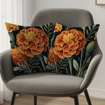 Orange Yellow Marigold Floral Art Pattern Decorative Floral Throw Pillows - Walk Greener